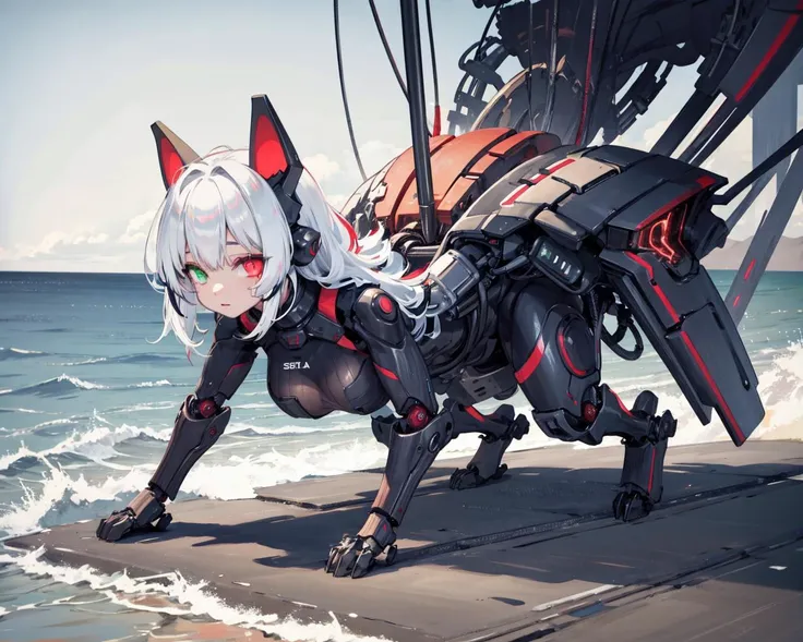 <lora:[prosthetic quadruped,Quadruped machinery,mechanical tail,mechanical parts, robot joints,hydraulic system,headgear,four feet]:1>,
prosthetic quadruped,Quadruped machinery,mechanical tail,mechanical parts, robot joints,hydraulic system,demon horns,four feet, all fours, 
(1girl),headgear, solo,heterochromia, glowing eyes, white hair, multicolored hair, streaked hair, large breasts, 
full body, seaside,