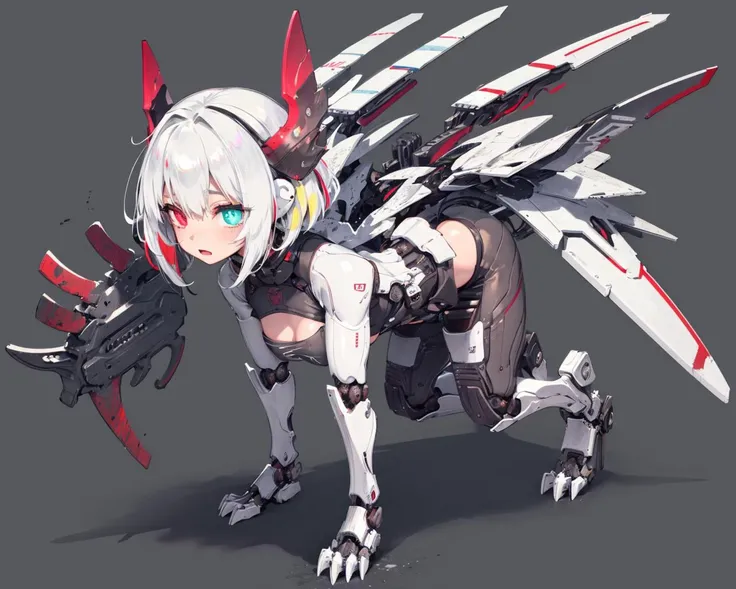 <lora:[prosthetic quadruped,Quadruped machinery,mechanical tail,mechanical parts, robot joints,hydraulic system,headgear,four feet]:1>,
prosthetic quadruped,Quadruped machinery,mechanical tail,mechanical parts, robot joints,hydraulic system,demon horns,four feet, all fours, 
(1girl),headgear, solo,heterochromia, glowing eyes, white hair, multicolored hair, streaked hair, large breasts, 
full body,