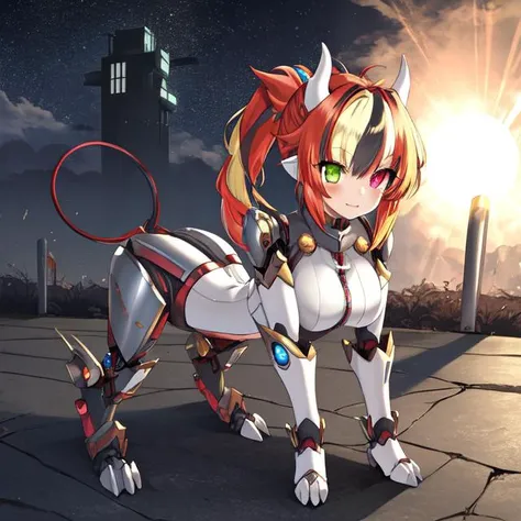 <lora:[prosthetic quadruped,Quadruped machinery,mechanical tail,mechanical parts, robot joints,hydraulic system,headgear,four feet]:1>, prosthetic quadruped,Quadruped machinery,mechanical tail,mechanical parts, robot joints,hydraulic system,demon horns,four feet, all fours, (1girl),headgear, solo,heterochromia, glowing eyes, multicolored hair, streaked hair, large breasts, full body, short hair, short ponytail,