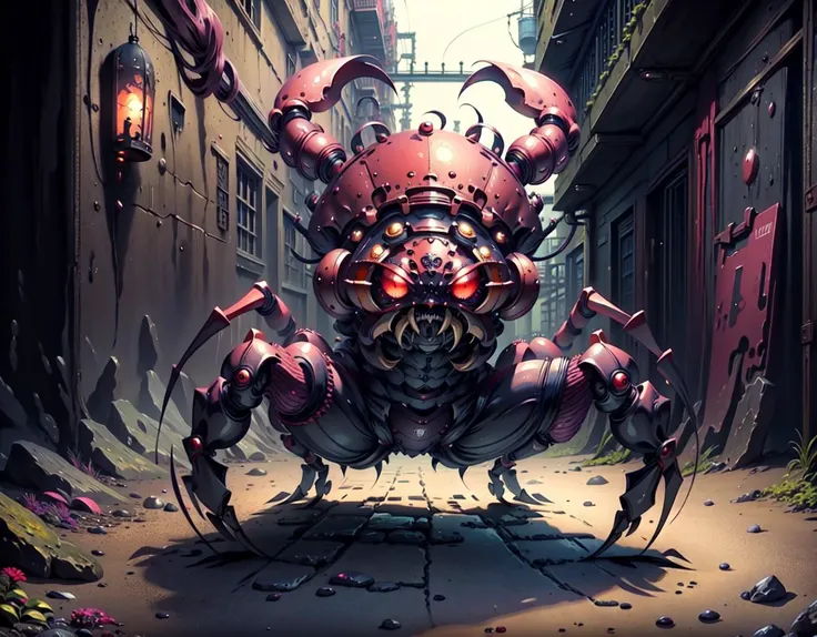 <lora:Better Sharp Teeth 3:1> masterpiece, best quality, photo of, 1girl, (insane:1.2), narrowed eyes, looking at viewer, grin, fangs, sharp teeth, looking at viewer, red eyes, short curly black hair, alleyway, <lora:[prosthetic quadruped,Quadruped machinery,mechanical tail,mechanical parts, robot joints,hydraulic system,headgear,four feet]:1>, quadruple amputee, prosthetic quadruped, h0rrorcrab, crab, monster, creature, realistic <lora:kCuteTank:1>