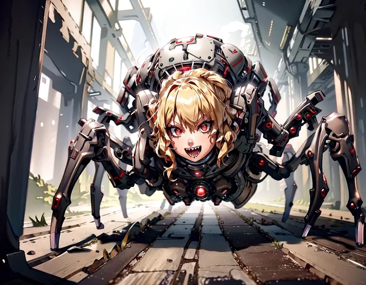 <lora:Better Sharp Teeth 3:1> masterpiece, best quality, photo of, 1girl, evil, narrowed eyes, looking at viewer, grin, fangs, sharp teeth, looking at viewer, red eyes, short curly black hair, alleyway, <lora:[prosthetic quadruped,Quadruped machinery,mechanical tail,mechanical parts, robot joints,hydraulic system,headgear,four feet]:1>, quadruple amputee, prosthetic quadruped, arachnophobiaai, spider legs, tarantula, spider <lora:ArachnoPhobiaAI:0.8>