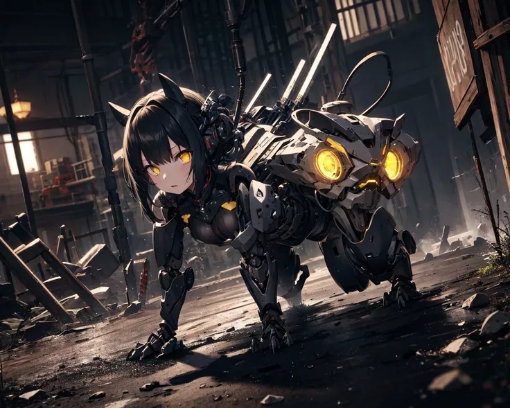 ((1girl)),solo,large breasts, black hair,yellow eyes, 
<lora:[prosthetic quadruped,Quadruped machinery,mechanical tail,mechanical parts, robot joints,hydraulic system,headgear,four feet]:0.9>,
prosthetic quadruped,Quadruped machinery,mechanical tail,mechanical parts, robot joints,hydraulic system,demon horns,four feet,all fours,crawl,amputee, 
factory,