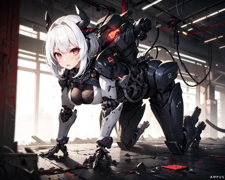 ((1girl)),solo,large breasts, white hair,red eyes, 
<lora:[prosthetic quadruped,Quadruped machinery,mechanical tail,mechanical parts, robot joints,hydraulic system,headgear,four feet]:0.9>,
prosthetic quadruped,Quadruped machinery,mechanical tail,mechanical parts, robot joints,hydraulic system,demon horns,four feet,all fours,crawl,amputee, 
factory,