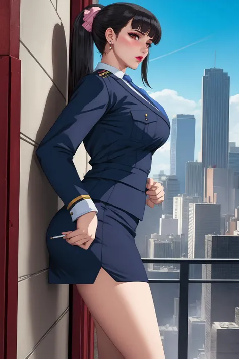 (high quality:1.1), cinematic lighting, extremely detailed,
Agatha, 1girl, mature female, standing, leaning on wall, bent over, from side,
embarrassed, blush, (looking at viewer:1.1), looking down,
black hair, long hair, blunt bangs, hair ornament, hair stick, bow, lipstick, makeup, eyeshadow, brown eyes, earrings, jewelry,
uniform, blue pencil skirt, necktie, white panties,
breasts, thighs,
sunny weather, blue sky, skyscrapers, cityscape, on roof,
<lora:Agatha:0.9>