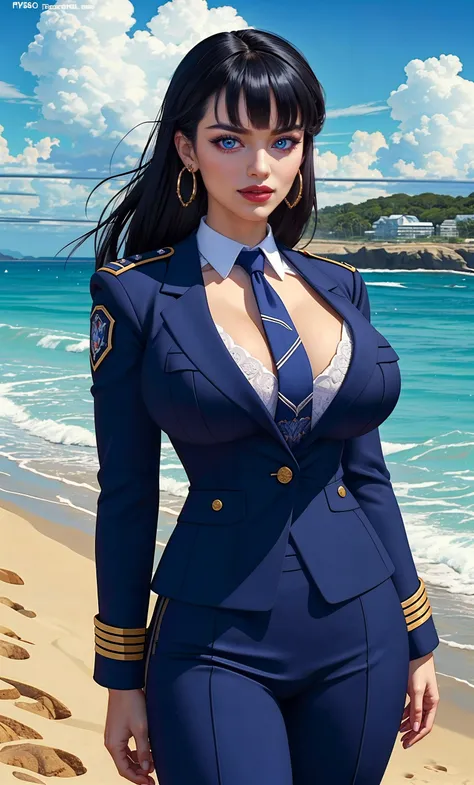 (masterpiece, realistic:1.3), (extremely intricate:1.2), (photorealistic:1.4), (extremely delicate), (ultra realistic:1.3), (medium shot:1.2, center focus, symmetrical), (modelshot style), hyperrealistic photography, extremely detailed CG unity 8k wallpaper, UHD, HDR, RAW photo, dslr, hyperrealistic 3d render, realistic LUT, cinematic LUT, 
<lora:ostris_HDhelper_v10:0.1>, <lora:ostris_detailSlider_v40:2>, <lora:bdsqlsz_neg4all_v3.5:-1>, (pale skin, detailed skin:1.3, Glossy skin + Shiny skin:1.1), blonde hair, hair ornament, exquisite earrings, (gigantic breasts:1.2), skinny body, fit body, slim, narrow waist, slim legs, long legs, 
Flared pants with a matching blazer and pointy-toe flats, Trailblazer, Tall, Toned, Oval Face, Fair Skin, Platinum Blonde Hair, Sapphire Eyes, Straight Nose, Thin Lips, Sharp Chin, Shoulder-Length Hair, Thick Hair, Fringed Bangs, large breasts, Cuff earrings, fuchsia sheer lipstick, a dramatic cliffside overlooking the ocean, A sustainable beachfront resort powered by renewable energy, featuring eco-friendly accommodations and ocean conservation programs, 
<lora:enigmata_kamyla_agatha_v10:0.9>, Agatha, black hair, long hair, blunt bangs, hair stick, bow, lipstick, makeup, eyeshadow, ultra detailed hair, uniform, pencil skirt, necktie, panties, garter straps,