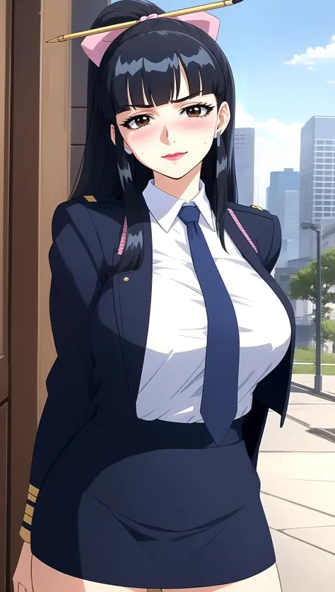 (masterpiece, highres, best quality:1.3), 8K, highly detailed, intricate, colorful, vibrant image, sharp focus, hentai, 4K,
Agatha, 1girl, Standing and posing, sunny weather, (blush:1.1), blue sky, skyscrapers, (sweat:1.1), horny smile, flirting glance, (pantyshot:1.25),
black hair, long hair, blunt bangs, hair ornament, hair stick, bow, lipstick, makeup, eyeshadow, ultra detailed hair, detailed face, brown eyes, complex realistic perfect eyes, perfect face, earrings, jewelry,
uniform, pencil skirt, necktie, (panties:1.1),
(mature female, 30yo:1.1), milf, large breasts,
<lora:Agatha:0.9>