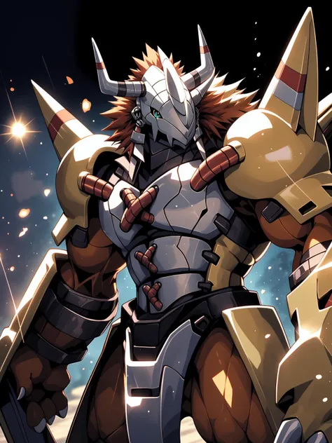 Masterpieces,official art,anthro,male,(wargreymon:1.2),Delicate face,Delicate eyes,helmet, armor, horn, digimon, upper body, depth of field, perfect lighting, light particles,(best quality),(masterpiece),(ultra detailed),sharp focus,light particles <lora:Wargreymon_mix_v1_12ep:0.8>