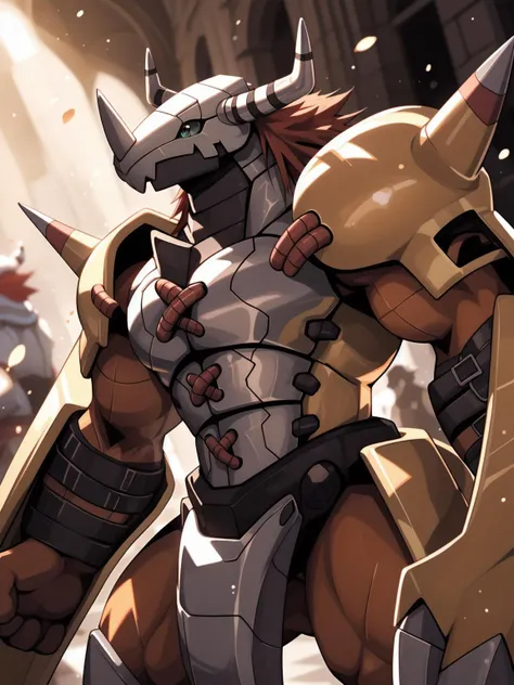 Masterpieces,official art,anthro,male,(wargreymon:1.2),Delicate face,Delicate eyes,helmet, armor, horn, digimon, upper body, depth of field, perfect lighting, light particles,(best quality),(masterpiece),(ultra detailed),sharp focus,light particles <lora:Wargreymon_mix_v1_12ep:0.8>