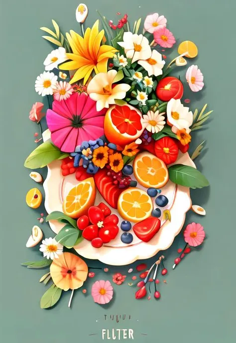 <niji-se-flowers>, Fruit platter, solid background