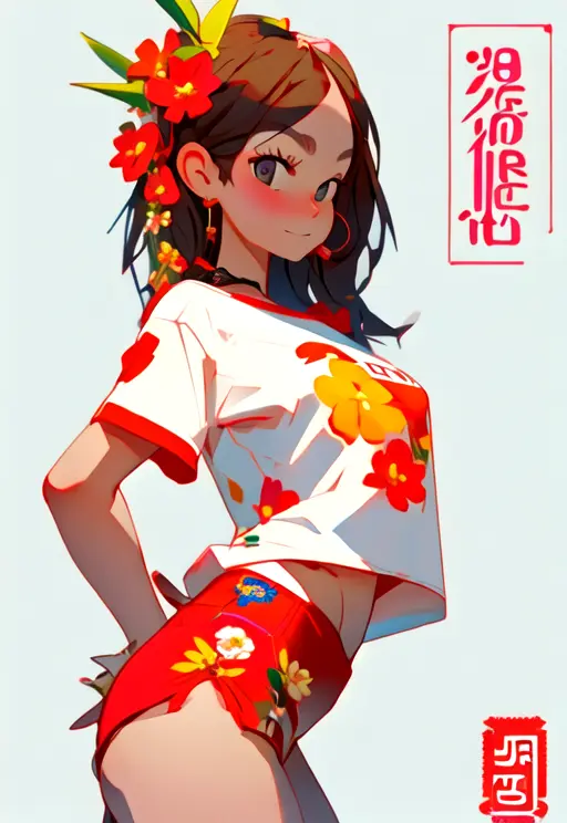 <niji-se-flowers>, 1girl, T-shirt, Chinese New Year