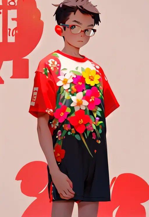 <niji-se-flowers>, 1boy, T-shirt, Chinese New Year