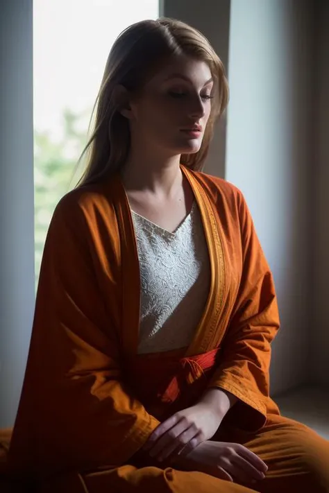DEN_faye_reagan,
a Buddhist monk sitting outside and meditating in a Buddhist monastery wearing orange Buddhist robes, Buddhist, tranquillity, peace,
bokeh, f1.4, 40mm, photorealistic, raw, 8k, textured skin, skin pores, intricate details <lora:epi_noiseoffset2:1>, epiCRealism <lora:ClothingAdjuster3:-1.3>