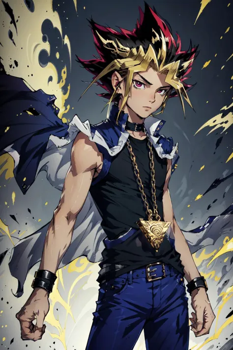 best quality, intricate details,
1boy,  <lora:yugiMuto_v10:0.8> yugi muto, black hair,  jacket on shoulders, sleeveless shirt, blue pants,