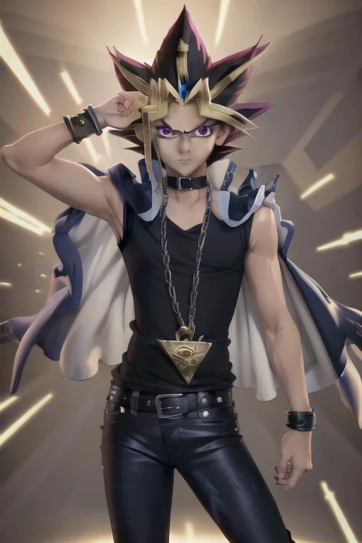 <lora:yugiMuto_v10:1> YUGI MUTO
BLACK HAIR
JACKET ON SHOULDERS
SLEEVELESS SHIRT
BLUE PANTS, proportional eyes, (realistic:1.5), extremely detailed, hyper detailed, soft lighting, detailed background, extreme detail background, sharp details, beautiful face, symmetrical eyes, high quality, (full body:1.3),