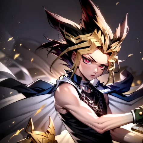 ((masterpiece, best quality)),(complex light),1boy, solo , yugi muto, black hair, jacket on shoulders, <lora:Yugioh1-10:0.8>,necklace, big pendant, sleeveless shirt, millennium puzzle,