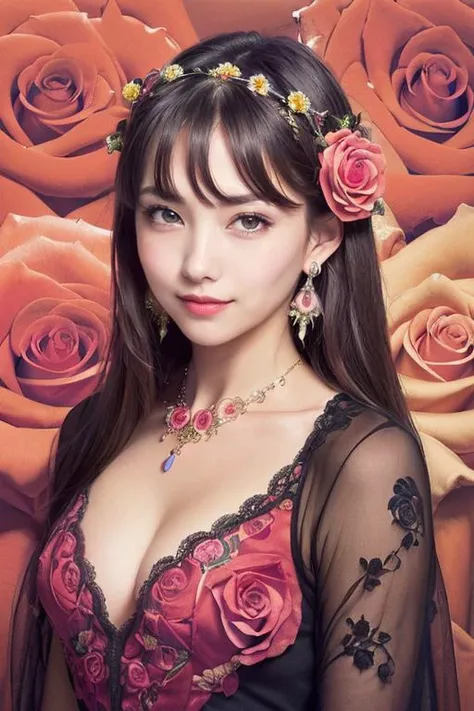 (official art, beautiful and aesthetic:1.2),(fractal art:1.1),(colorful:1.1)(rose:1.6), highest detailed, (zentangle:1.2), (abstract background:1.4), (many colors:1.4), (flowers:1.5),
finely detailed eyes, finely detailed face, finely quality eyes,
long hair, earrings, necklace, jewelry,
angel face, detailed face, cleavage, collarbone, (small breasts), slim waist, abs, navel, belly fat:0.1,  (perfect anatomy), busty body,
(seethrough blouse:1.2), (flowers hair ornaments:1.5), (ultra realistic shiny skin),
(smile and happy and tired and sleepy:1.2), elegant face expression,
(Increase beauty and gorgeous and sexy:1.1),
<lora:koreandolllikenessV20_v20:0.2>
<lora:aespakarina-v5:0.1>