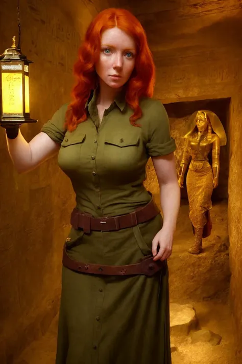 an irish redhead woman archaeologist wearing khaki shirt, long skirt, boots. exploring  a room full of golden artifacts and sarcophagi in a dark unlit egyptian tomb. carrying a lantern. 1910. detailed face, intricate eyes.