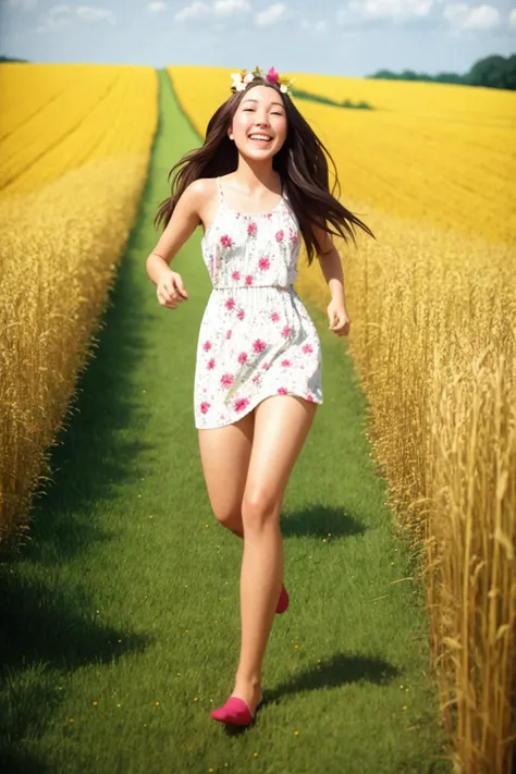 a pretty hippy running carefree through a wheatfield. 1968. flowery summer dress. (candid photograph, film grain, 35mm, ISO200, f/1.8:0.7) <lora:GoodHands-vanilla:1>