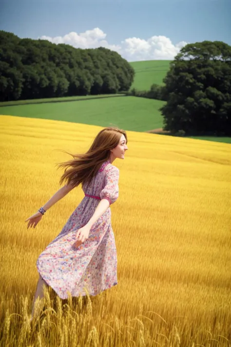 a pretty hippy running carefree through a wheatfield. 1968. flowery summer dress. (candid photograph, film grain, 35mm, ISO200, f/1.8:0.7) <lora:GoodHands-vanilla:1>