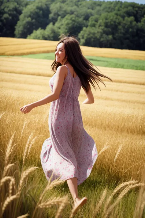 a pretty hippy running carefree through a wheatfield. 1968. flowery summer dress. (candid photograph, film grain, 35mm, ISO200, f/1.8:0.7) <lora:GoodHands-vanilla:1>