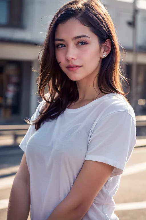 dressed, (photo realistic:1.4), (hyper realistic:1.4), (realistic:1.3),
(smoother lighting:1.05), (increase cinematic lighting quality:0.9), 32K,
1girl,20yo girl, realistic lighting, backlighting, light on face, ray trace, (brightening light:1.2), (Increase quality:1.4),
(best quality real texture skin:1.4), finely detailed eyes, finely detailed face, finely quality eyes,
(joy, blush), (tired and sleepy and smile), t-shirts, cowboy shot