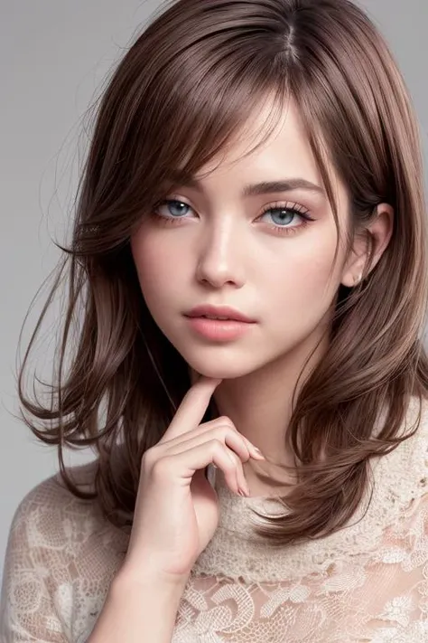 girl, close-up, looking at viewer, wispy swept bangs, hand on own cheek, portrait, ((sleevless blouse, shawl)), bracelet, pastel manicure, thick eyebrows, simple background, super model, fashion model, parted lips, (High Key Lighting, makeup), blush, rouge \(makeup\),
masterpiece, top quality, best quality, official art, unity 8k wallpaper, highres, ultra-high res, ultra-detailed, beautiful and aesthetic, (photorealistic:1.4), <lora:add_detail:0.5>