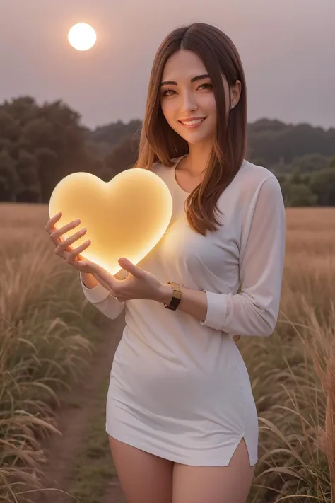 (high quality photo:1.3) of beautiful girl holds big yellow illuminated heart shape, casual outfit, smiling, summer night, field, moon