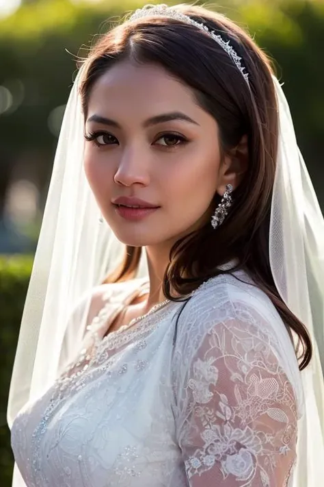 dressed, (photo realistic:1.4), (hyper realistic:1.4), (realistic:1.3),
(smoother lighting:1.05), (increase cinematic lighting quality:0.9), 32K,
1girl,20yo girl, realistic lighting, backlighting, light on face, ray trace, (brightening light:1.2), (Increase quality:1.4),
(best quality real texture skin:1.4), finely detailed eyes, finely detailed face,
(tired and sleepy and joy), (laugh:0), face closeup, t-shirts,
(Increase body line mood:1.1), (Increase skin texture beauty:1.1)
<lora:fazura:0.4> ,fazura, veil hair bride