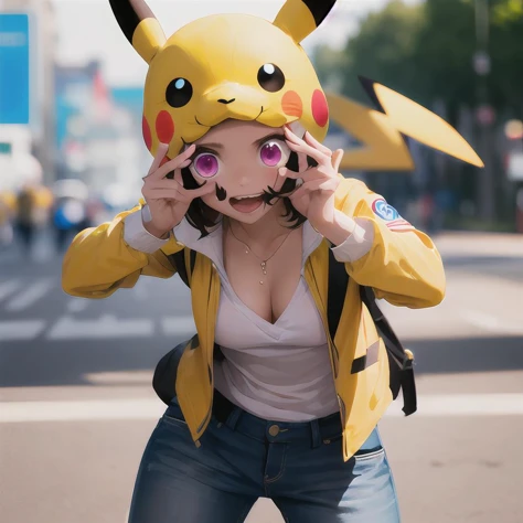 ((SFW, full body:1.35))、, 7 Oppai-Loli girls in Cosplay、Pikachu, (moe sleeves, yellow Pikachu suits with full opened front zipper、(Pikachu hood))、Floating hair、((Masterpiece:1.25, Photorealsitic:1.37))、8K Bestquality、((Detailed KAWAII Face))、Bright Shining Perfect eyes、{(Childish:1.2)| no underwear but Nipples are hidden|gold tape|(gold nipple stickers)|(Gigantic Cleavage:1.37)}、(Detailed glistening ivory skin)、extremely detailed、{((Yellow Pikachu hood))}、Smooth shading、Soft Lighting with many Follow lights、clear focused、bokeH、Crowded city background、Vivid colors, {(shouting)| Trick or treat|mischievous smile}, Overflowing、Biomechanical HUGE and HEAVY boob, {Ass focus| ((grabbing chests))| hidden hands| thumbs up| face focus},(((nabel, no extra hands, correct fingers, nipples are not visible))),