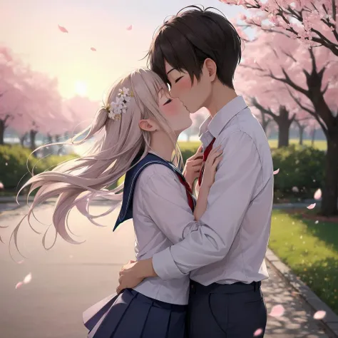 1girl, 1boy, sensitive innocent hugs, kiss_on_forehead, school uniform, fuji, hanami, hdr, bokeh, 200mm lens, pastel