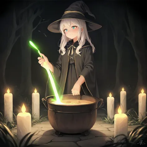 1girl, solo, witch, witchcraft, (cauldron and crows), ((neon glowing)), graveyards, pastel