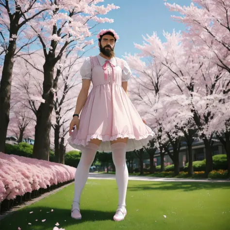 1man, solo, ((man)) cosplay madoka, ((man in dress)), ((beard)), stockings, angry, (((fat))), beer, full body shot, fuji, hanami, hdr, bokeh, 200mm lens, pastel