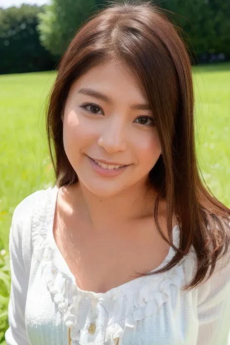 masterpiece,beautiful,extremely detailed,(ultra high res),(8k UHD best quality), (realistic, photo-realistic:1.37), depth_of,field, blurry_background, photo_inset,Dramatic lighting,reference_inset,photo_background,black eyes,photorealistic,looking_at_viewer,1girl,shiny skin,detailed skin,smile,(((upper body))),(((White blouse))),Enchanting meadow with wildflowers,meguri, <lora:meguri:1>