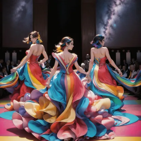 solo, mirrored image, (high quality, best quality, sharp focus, f/5.6:1.3), alienor_v2, dancing, night, starry sky, <lora:r4inb0w:0.6> r4inb0w, multicolored dress, multicolored gown, grand ballroom, high ceiling, high contrast, colorful light