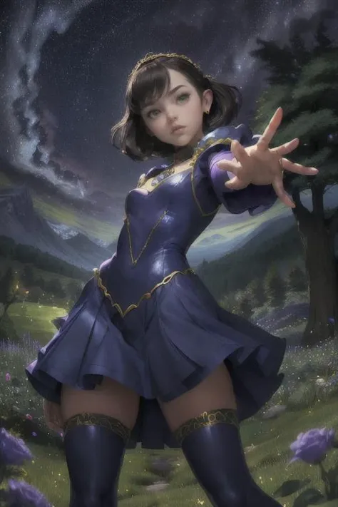 zrpgstyle, Alienor_A medieval princess blue dress, AS-YoungV2, elaborate, ornate, standing in a tall field of black roses, dark tree canopy overhead (alpine mountains:1.1), night sky, (masterpiece:1.3) (best quality) (detailed) (8k) (HDR) (cinematic lighting) (sharp focus) (intricate) (intense action scene, dutch angle, foreshortening, motion blur, blurred foreground:1.3)