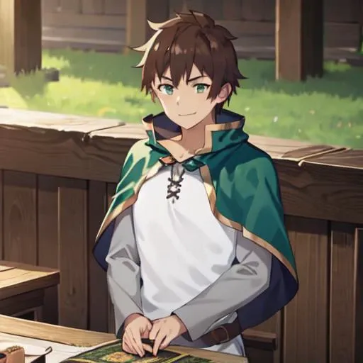 masterpiece, best quality, 1boy, kazuma, sitting  ,green eyes ,brown hair, capelet, white shirt, cape, boots, green cape, finely detailed eyes and detailed face, extremely detailed CG unity 8k wallpaper, intricate details,depth of field,  black pant, looking at viewer,   <lora:satou_kazuma-10:1>, (evil smile:1.1), evil, pervert smile, full body, (standing:1.2),
