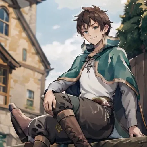 masterpiece, best quality, 1boy, kazuma, sitting  ,green eyes ,brown hair, capelet, white shirt, cape, boots, green cape, finely detailed eyes and detailed face, extremely detailed CG unity 8k wallpaper, intricate details,depth of field,  black pant,, looking at viewer,   <lora:satou_kazuma-10:1>, (evil smile:1.1), evil, pervert smile