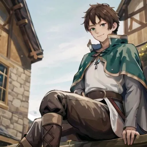 masterpiece, best quality, 1boy, kazuma, sitting ,green eyes ,brown hair, capelet, white shirt, cape, boots, green cape, finely detailed eyes and detailed face, extremely detailed CG unity 8k wallpaper, intricate details,depth of field, black pant,, looking at viewer, <lora:satou_kazuma-10:1>, (evil smile:1.1)