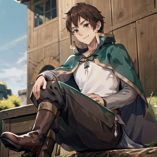 masterpiece, best quality, 1boy, kazuma, sitting  ,green eyes ,brown hair, capelet, white shirt, cape, boots, green cape, finely detailed eyes and detailed face, extremely detailed CG unity 8k wallpaper, intricate details,depth of field,  black pant,, looking at viewer,   <lora:satou_kazuma-10:1>, (evil smile:1.1)