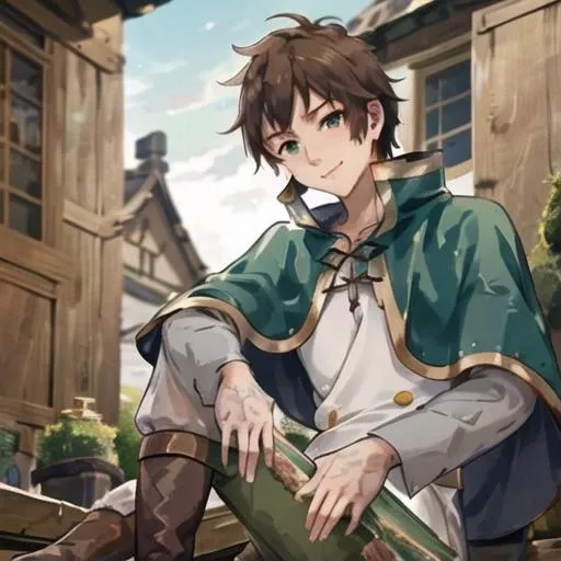 masterpiece, best quality, 1boy, kazuma, sitting ,green eyes ,brown hair, capelet, white shirt, cape, boots, green cape, finely detailed eyes and detailed face, extremely detailed CG unity 8k wallpaper, intricate details,depth of field, black pant,,, smile, looking at viewer, <lora:satou_kazuma-10:1>, evil smile