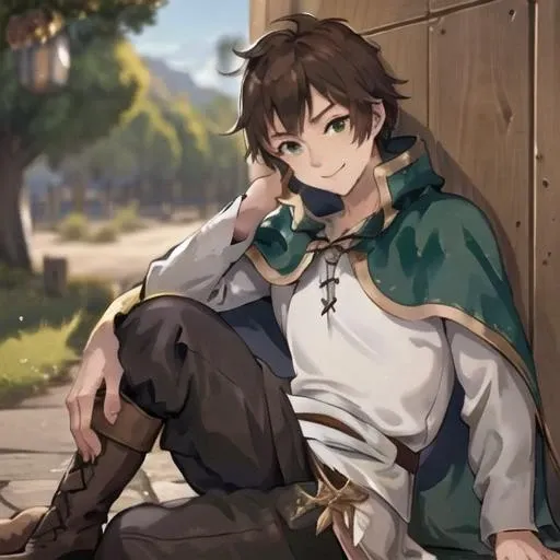 masterpiece, best quality, 1boy, kazuma, sitting ,green eyes ,brown hair, capelet, white shirt, cape, boots, green cape, finely detailed eyes and detailed face, extremely detailed CG unity 8k wallpaper, intricate details,depth of field, black pant,, looking at viewer, <lora:satou_kazuma-10:1>, (evil smile:1.1), evil, pervert smile
