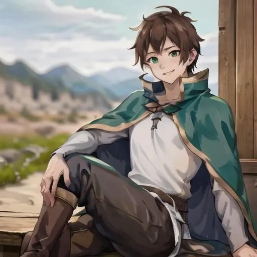 masterpiece, best quality, 1boy, kazuma, sitting  ,green eyes ,brown hair, capelet, white shirt, cape, boots, green cape, finely detailed eyes and detailed face, extremely detailed CG unity 8k wallpaper, intricate details,depth of field,  black pant,,, smile, looking at viewer,   <lora:satou_kazuma-10:1>, evil smile