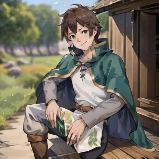 masterpiece, best quality, 1boy, kazuma, sitting ,green eyes ,brown hair, capelet, white shirt, cape, boots, green cape, finely detailed eyes and detailed face, extremely detailed CG unity 8k wallpaper, intricate details,depth of field, black pant,,, smile, looking at viewer, <lora:satou_kazuma-10:1>, evil smile