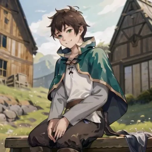 masterpiece, best quality, 1boy, kazuma,,, sitting ,green eyes ,brown hair, capelet,white shirt,cape,boots,green cape,finely detailed eyes and detailed face, extremely detailed CG unity 8k wallpaper, intricate details,depth of field, black pant,,, smile, looking at viewer, <lora:satou_kazuma-10:1>, evil smile