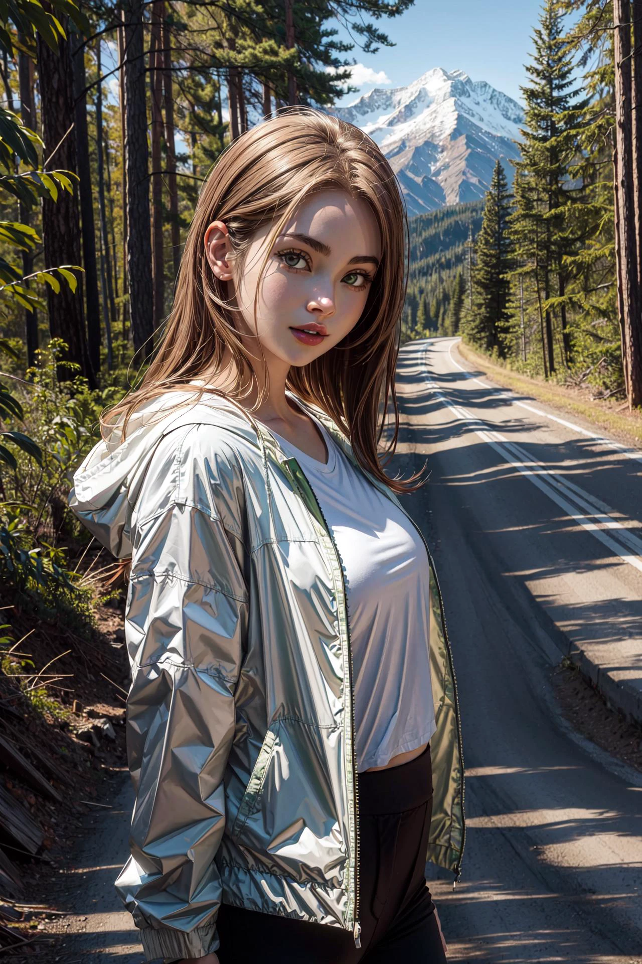 (masterpiece),(best quality), <lora:brandygordon:0.9>, brandygordon, black pants, white shirt, green jacket, brown hair, brown eyes, upper body, dirt road, mountain, forest, close, outdoors, looking at the viewer, <lora:Adddetail:0.6>