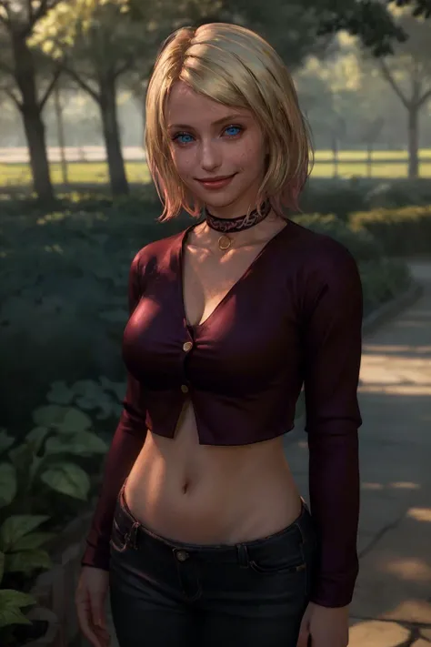 (best quality, masterpiece:1.2), highly detailed, photorealism, photo-realistic, high contrast, (photorealistic:1.2), (perfect female figure), 8k high definition detailed realistic, photon mapping, radiosity, physically-based rendering, backlight, 1girl, (looking at viewer:1.2), MariaSH, blue eyes, blonde hair, pink tips, choker, narrow waist, skinny, standing, upper body, collarbone, bare shoulders, lips, smile, skindentation, medium breasts, cleavage, shiny skin, outdoors, garden <lora:Character_Silent.Hill_Maria:0.9> <lora:Function_Add.Detail:0.3>