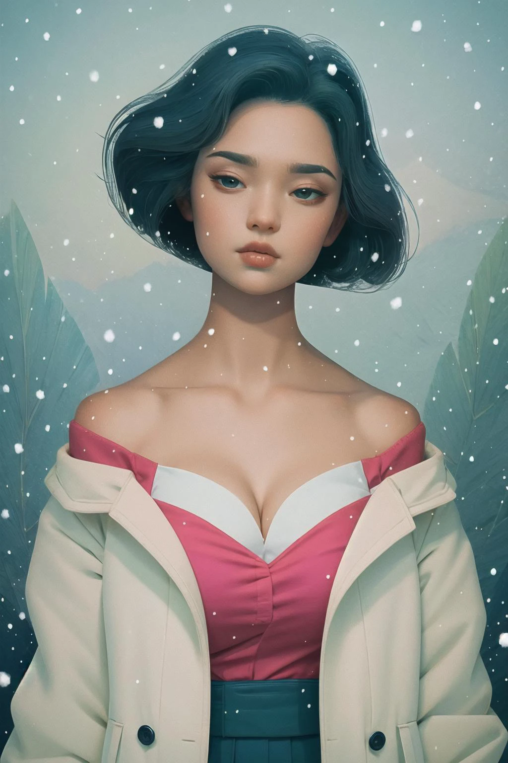 (amia:0.4), short hair, windy, slim, slender, looking at viewer, jacket, off shoulder, cleavage, (masterpiece), (best quality:1.2), absurdres, intricate details, upper body, snowing, (highly detailed skin:1.2), <lora:ankymoore:1>