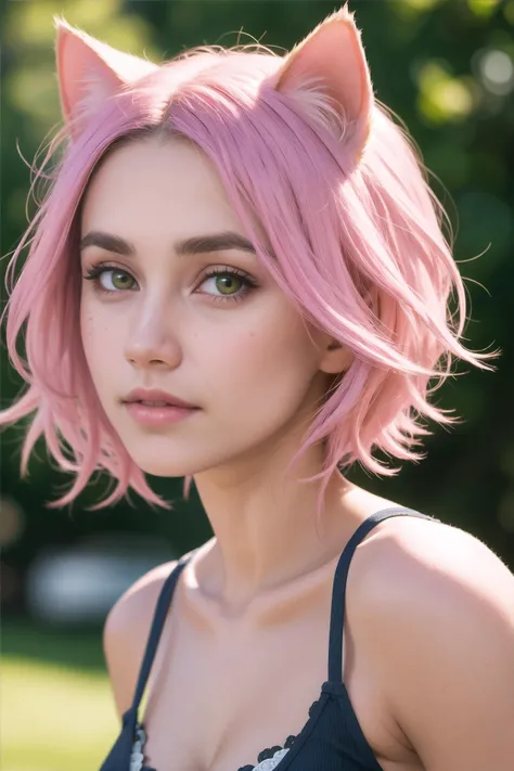 (amia:0.9), closed mouth, cat ears, pink hair, short hair, head shot, face focus, slim, slender, looking at viewer, (masterpiece), (best quality:1.2), absurdres, intricate details, rimlit, (highly detailed skin:1.2),