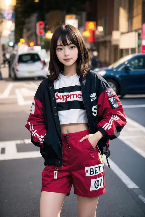 <lora:JapaneseDollLikeness_v15:0.8 >, smiling, streetwear outfit, supreme outfit, jacket, shorts, slim, slender, looking at viewer, (masterpiece), (best quality:1.2), absurdres, intricate details, depth of field, bokeh, (highly detailed skin:1.2), <lora:clothesUpdate:0.6>
