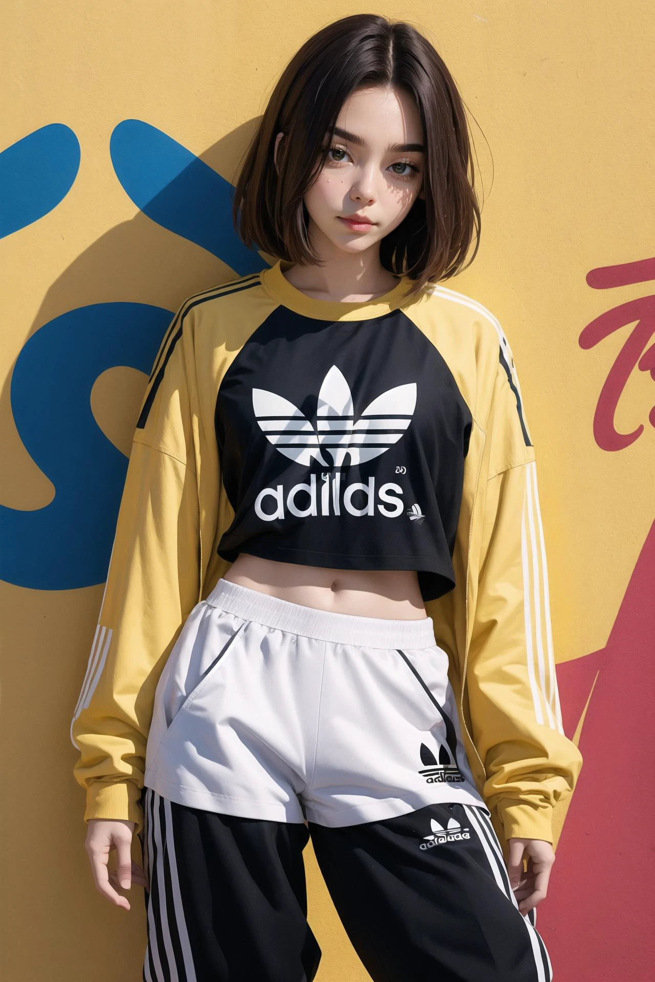 (ulzzang-6500-v1.1:0.4), streetwear outfit, adidas outfit, shirt, pants, slim, slender, looking at viewer, graffiti, (masterpiece), (best quality:1.2), absurdres, intricate details, depth of field, bokeh, (highly detailed skin:1.2), <lora:clothesUpdate:0.6>